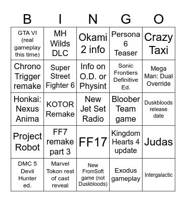 Summer Game Fest/State of Play Bingo Card
