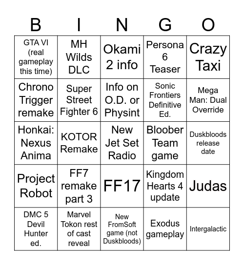 Summer Game Fest/State of Play Bingo Card