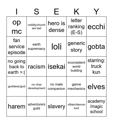 ISEKAI SLOP Bingo Card