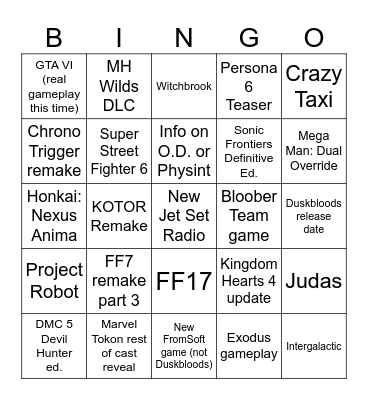 Summer Game Fest/State of Play Bingo Card