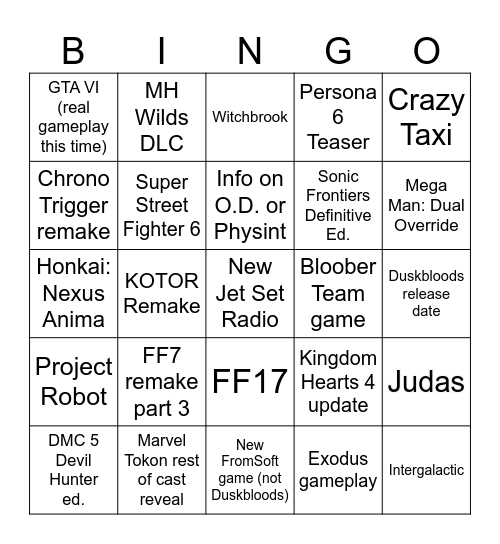 Summer Game Fest/State of Play Bingo Card