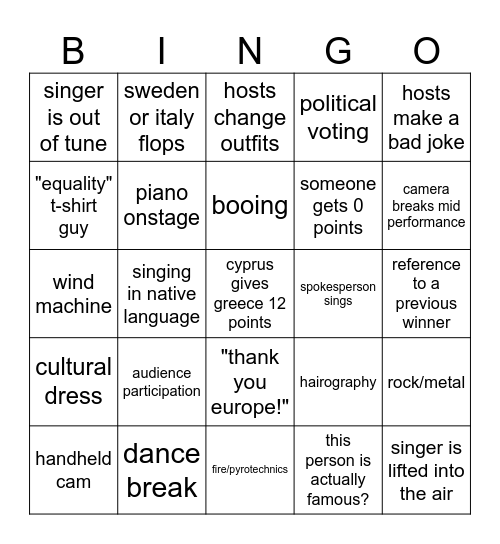 eurovision Bingo Card