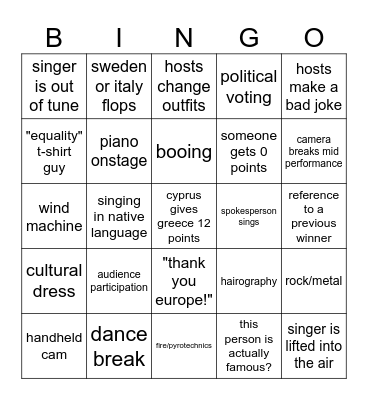eurovision Bingo Card