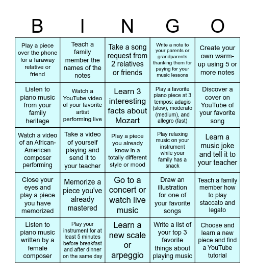 Summer Music Lesson Bingo Card