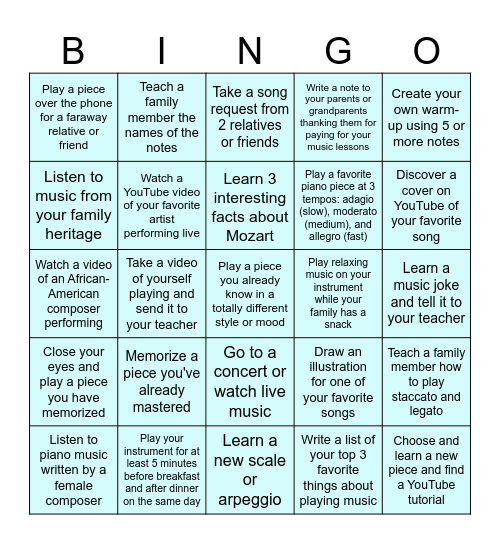 Summer Music Lesson Bingo Card