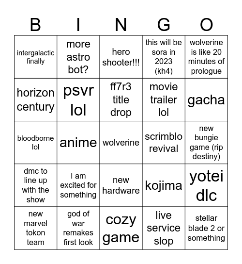 sony direct Bingo Card