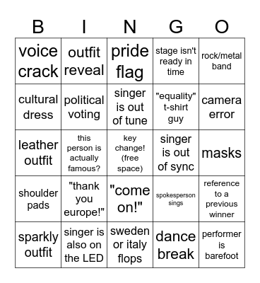 eurovision Bingo Card