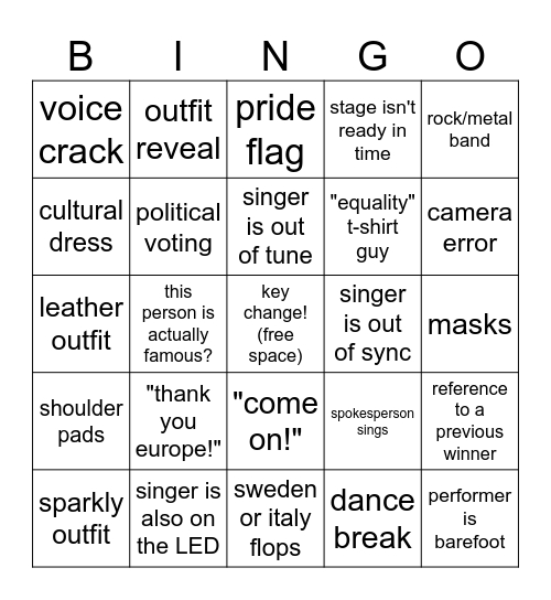 eurovision Bingo Card