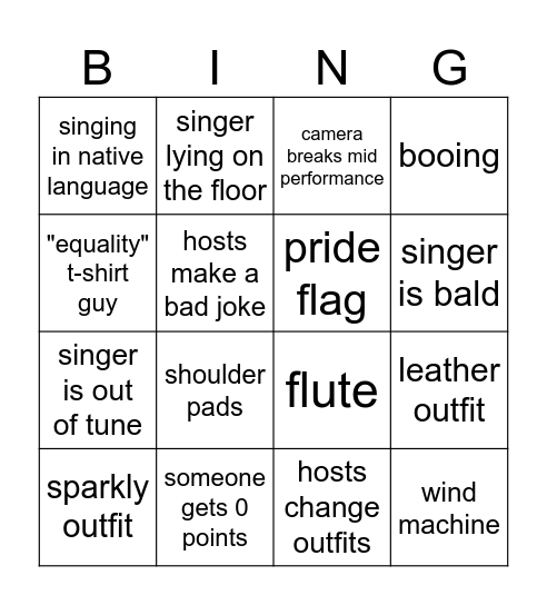 eurovision Bingo Card