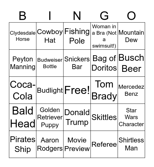 SuperBowl Commercial Bingo! Bingo Card