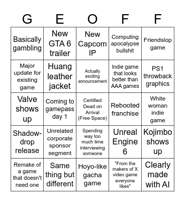 Summer Game Fest 2026 Bingo Card