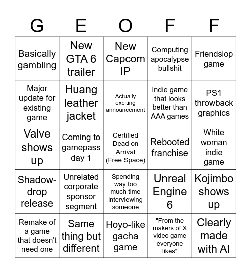 Summer Game Fest 2026 Bingo Card