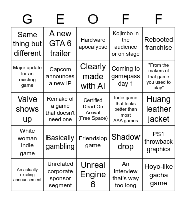 Summer Game Fest 2026 Bingo Card