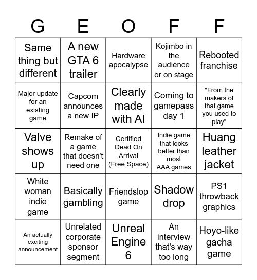Summer Game Fest 2026 Bingo Card