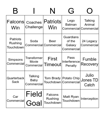 Super Bowl Bingo 2017 Bingo Card