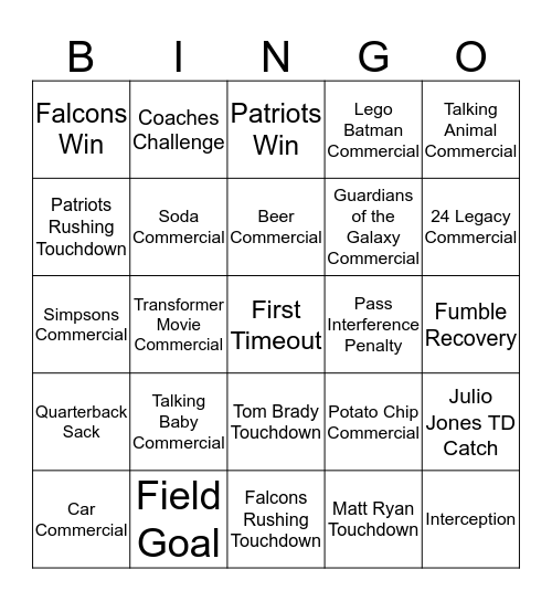 Super Bowl Bingo 2017 Bingo Card