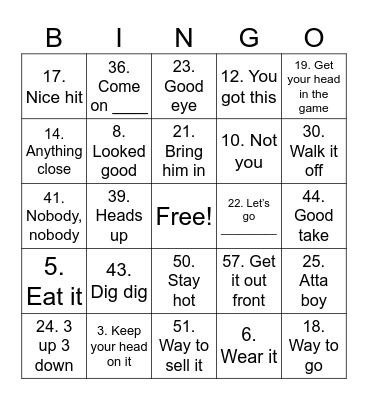 Baseball Lingo Bingo Card
