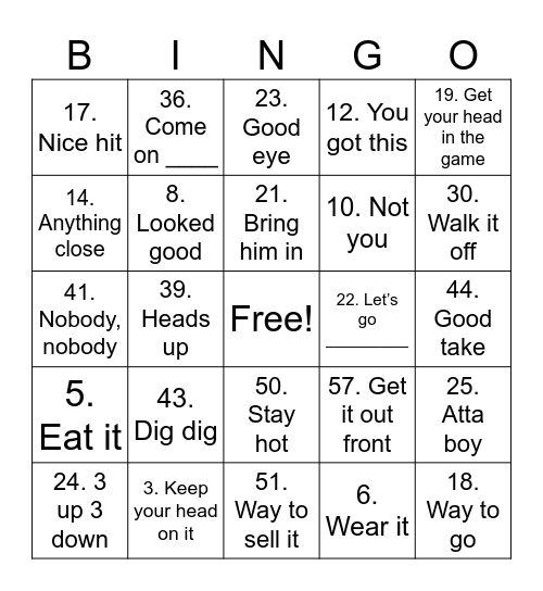 Baseball Lingo Bingo Card