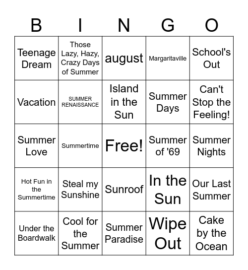 Songs About Summer Bingo Card