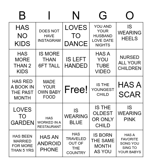 BABY SHOWER  BINGO- FIND SOMEONE Bingo Card