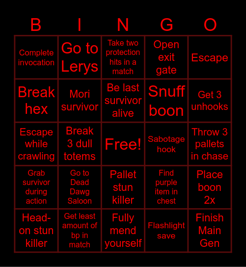 Dead by Daylight 2026 Bingo Card