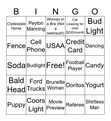 SuperBowl Commercial Bingo! Bingo Card