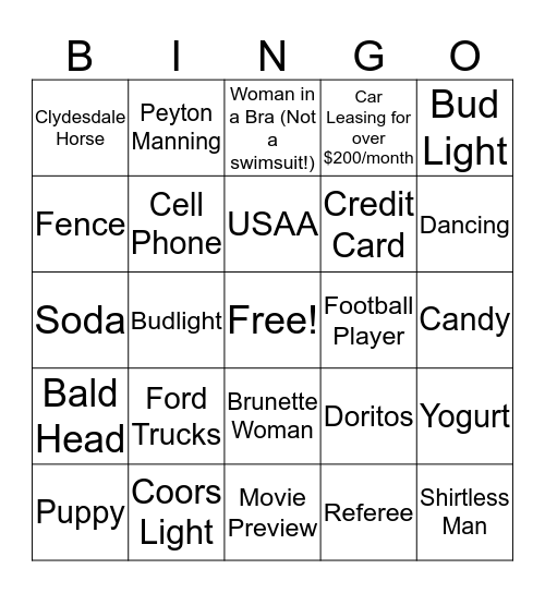 SuperBowl Commercial Bingo! Bingo Card