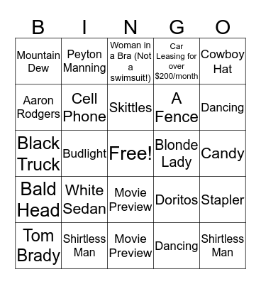 SuperBowl Commercial Bingo! Bingo Card