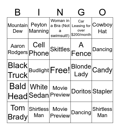 SuperBowl Commercial Bingo! Bingo Card