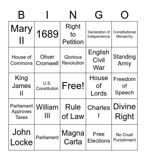 English Bill of Rights Bingo Card