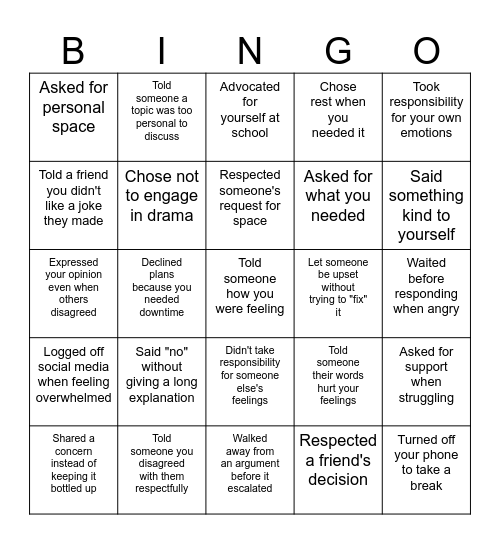 Boundaries Bingo Card