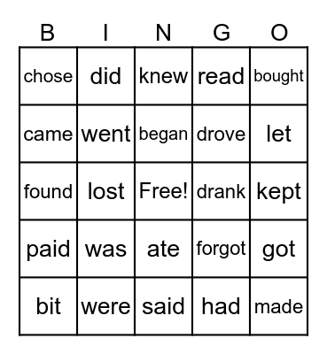 Irregular Past Tense Verbs Bingo Card