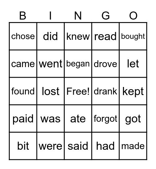 Irregular Past Tense Verbs Bingo Card
