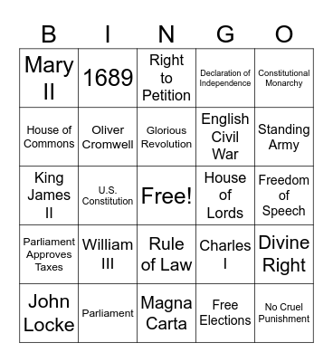 English Bill of Rights Bingo Card