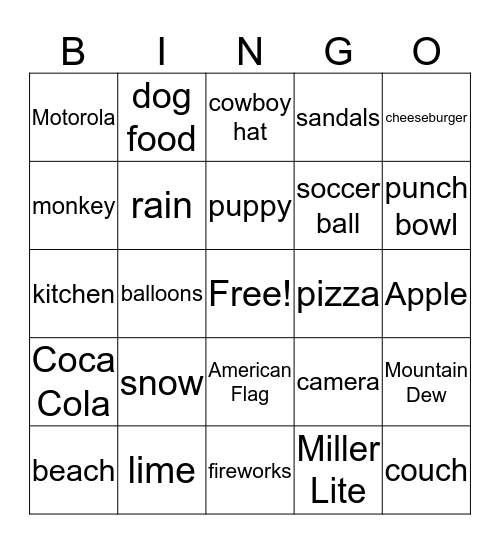 Superbowl Commercial Bingo Card