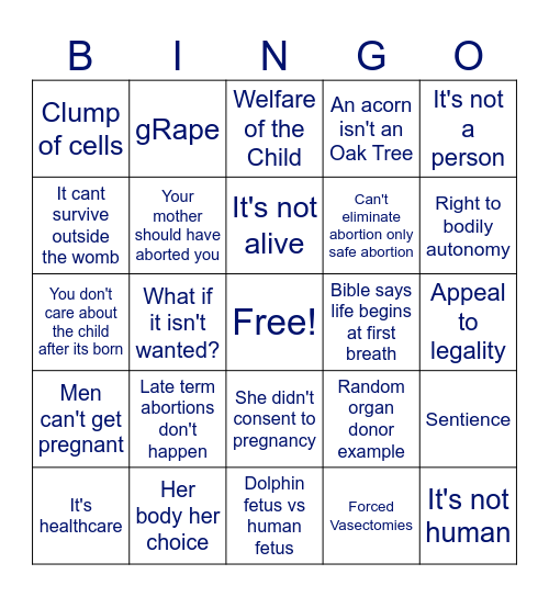 Pro Choice Stupidity Bingo Card