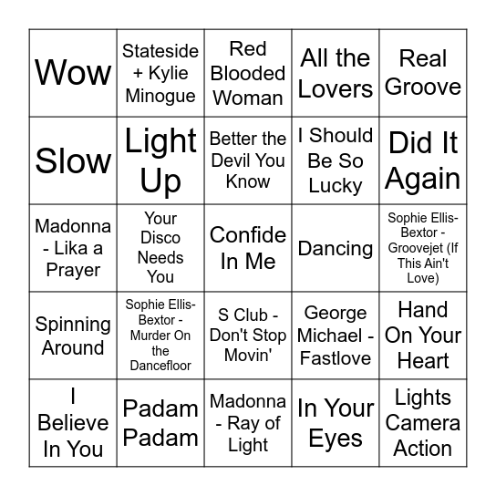 KYLIE & friends Music Bingo w Bonnie Anne Bingo Card