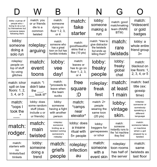 DANDY'S WORLD BINGO (DOES NOT INCLUDE U OR UR FRIENDS) Bingo Card