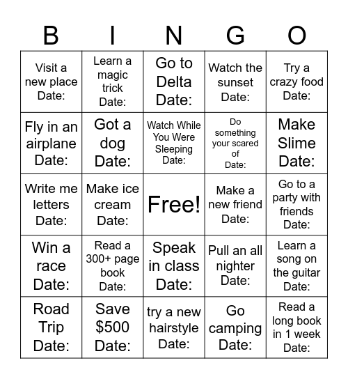 1.5 Year long Bingo game Bingo Card