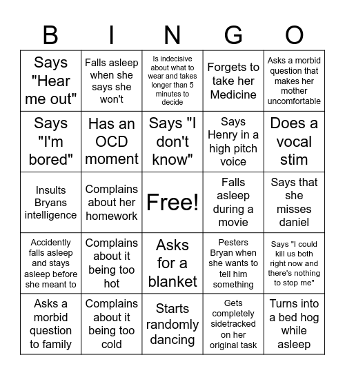 Things Jessica does/says Bingo Card
