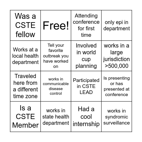 CSTE EPIDEMIOLOGIST BINGO Card