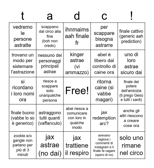 tadc bingo card Bingo Card