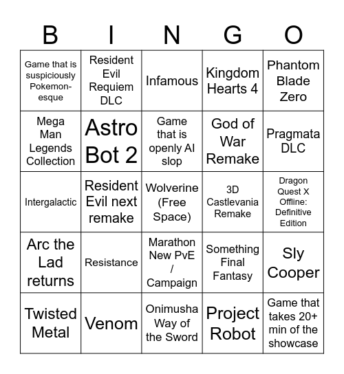 Sony State of Play 2026 Bingo Card