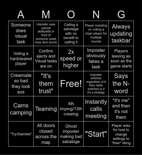 Among Us Bingo Card