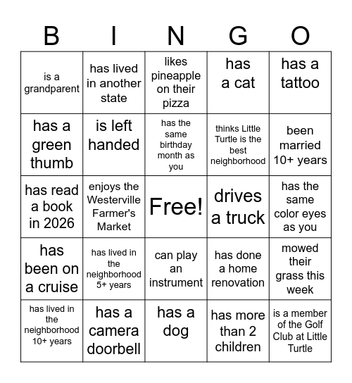 Get To Know Your Neighbor BINGO Card
