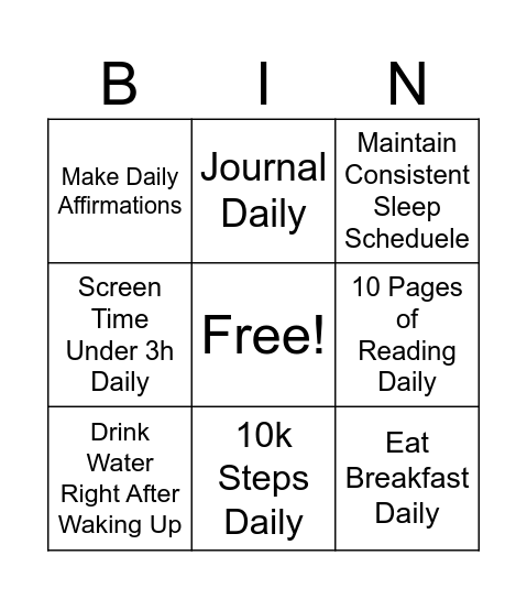 Healthy Habits Bingo Card