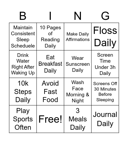 Healthy Habits Bingo Card