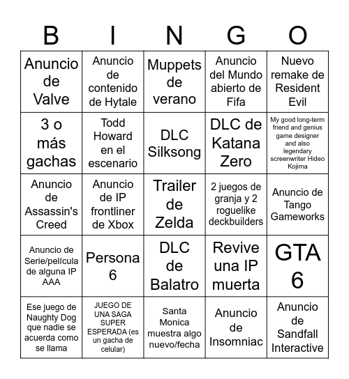 Summer Game Fest 2026 Bingo Card