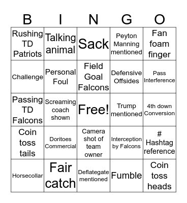 Super Bowl Bingo Card