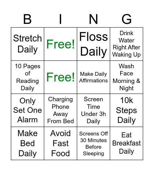 Healthy Habits Bingo Card
